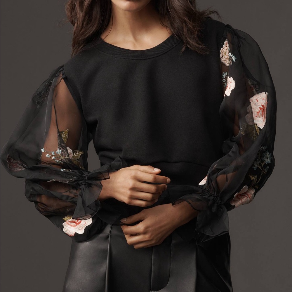 Anthropologie Black Embroidered Sheer Sleeve Top Small NWT Floral